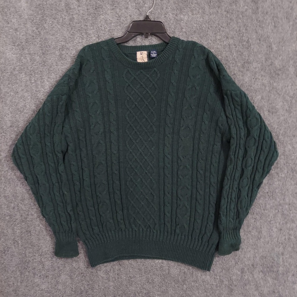 Vintage GANT Sweater Mens Large Green Linen Cotton Cable Knit Crewneck Golf